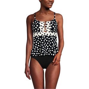 Land's End lace up flutter tankini suit top black egret polka dots size Various